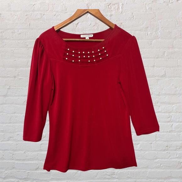 Notations Red 3/4 Sleeve Embellished Scoop Neck Mesh Insert Blouse Size Medium - Picture 1 of 10